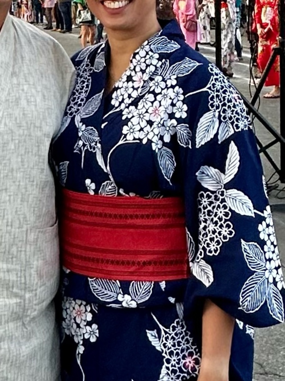Navy Floral Kimono-Style Jacket with Red Trim